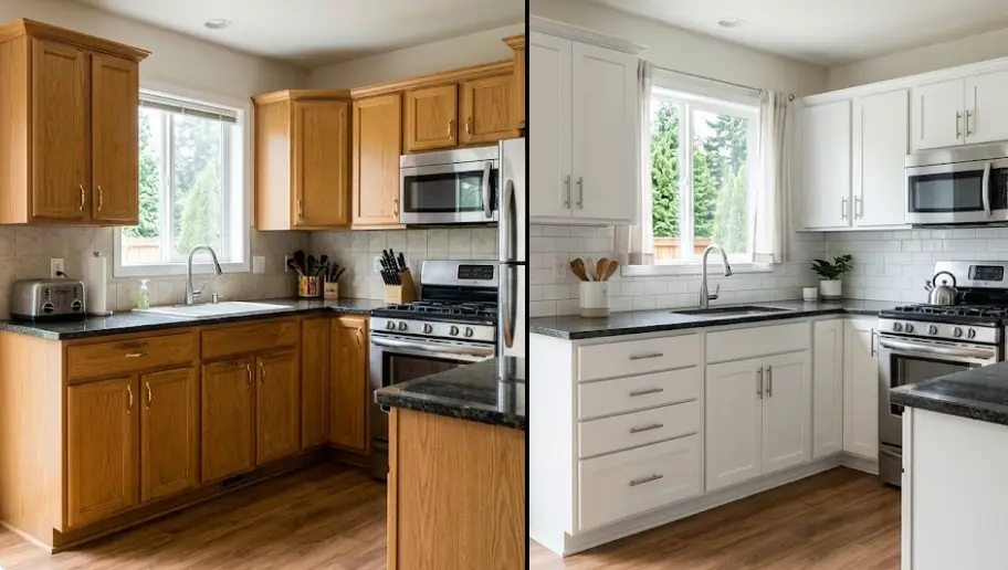 Before and after kitchen cabinet transformation in Sammamish showing dramatic improvement from dated oak to modern white
