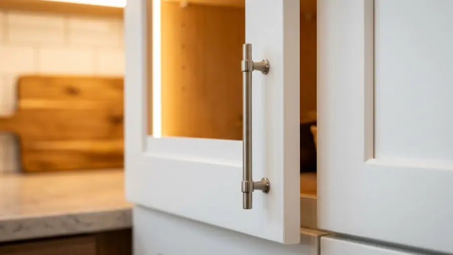 Before and after showing builder-grade Sammamish cabinets transformed into custom-looking modern finish