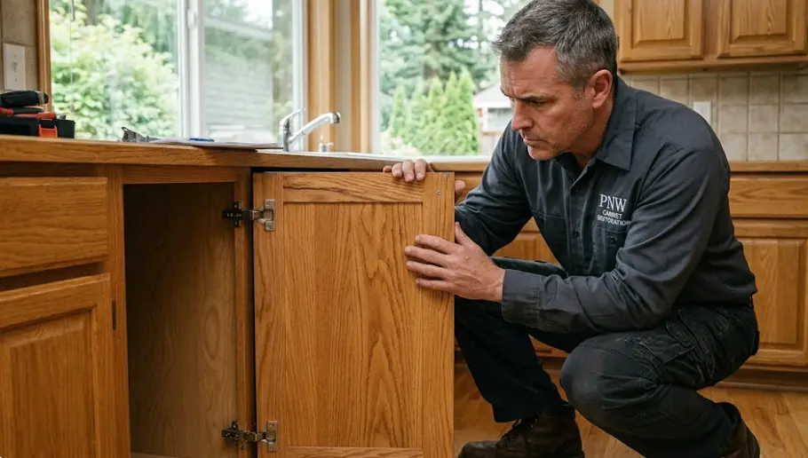Professional cabinet assessment in Sammamish home examining construction quality before painting