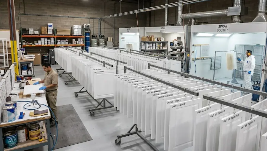 Professional spray painting setup in climate-controlled workshop for Sammamish kitchen cabinet transformation