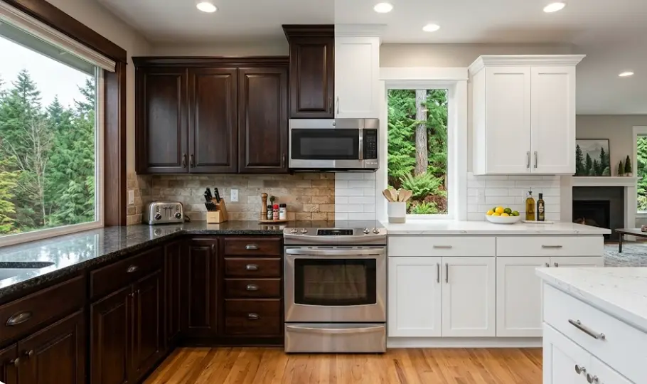 Kitchen cabinet transformation in Sammamish Plateau home with dramatic color change from espresso to white