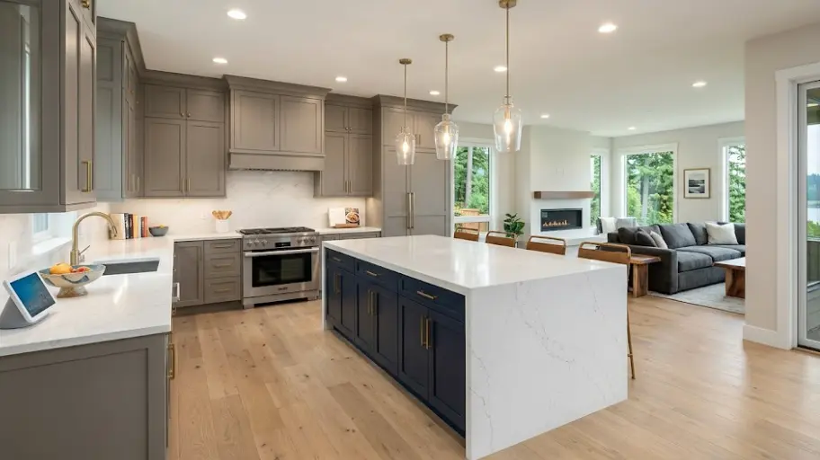 Modern kitchen cabinet transformation in Sammamish tech professional home showing sophisticated gray finish