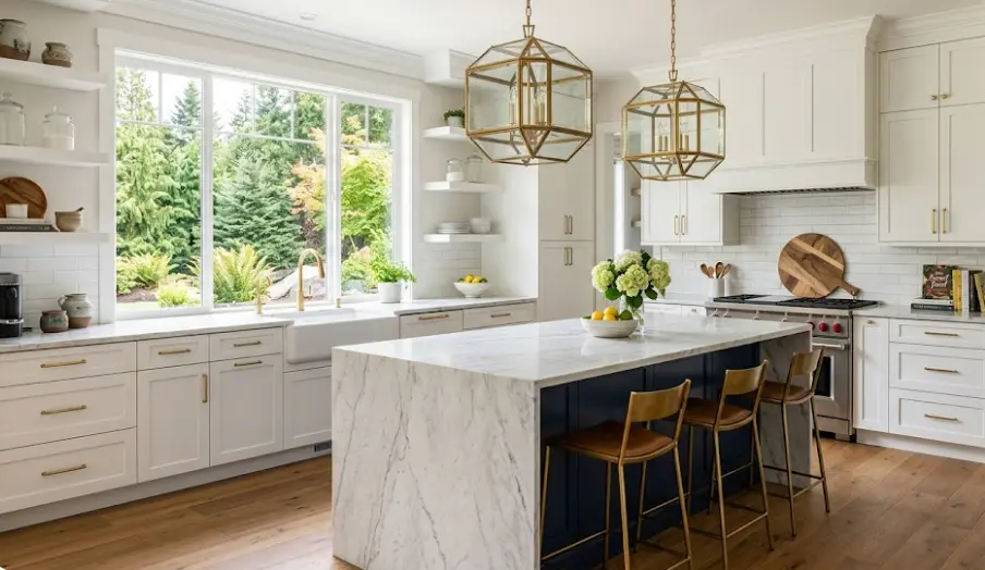 Two-tone kitchen cabinet transformation in luxury Sammamish home with white perimeter and navy island