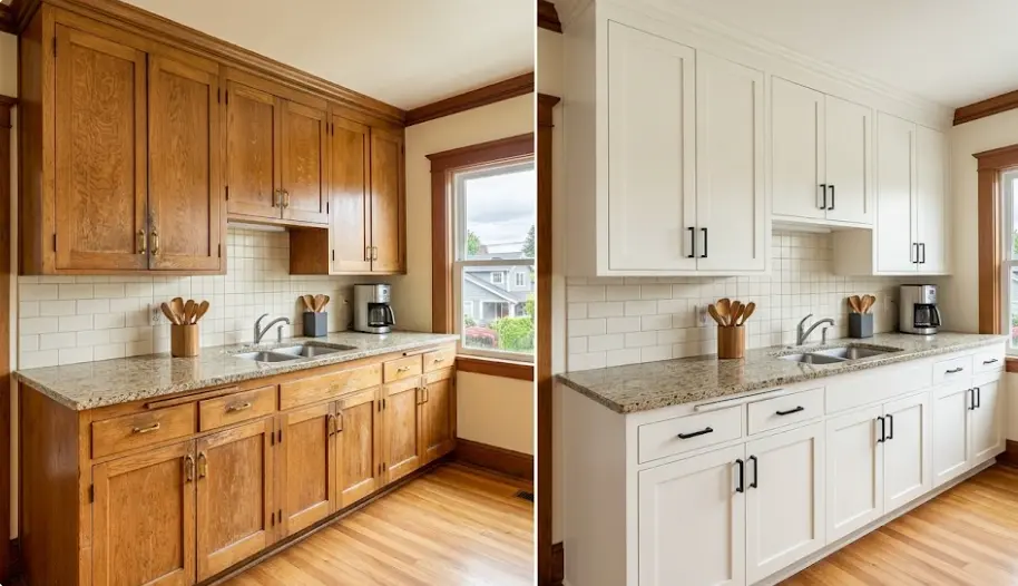 1940s Douglas fir kitchen cabinet transformation in Ballard Seattle showing grain-filled professional finish