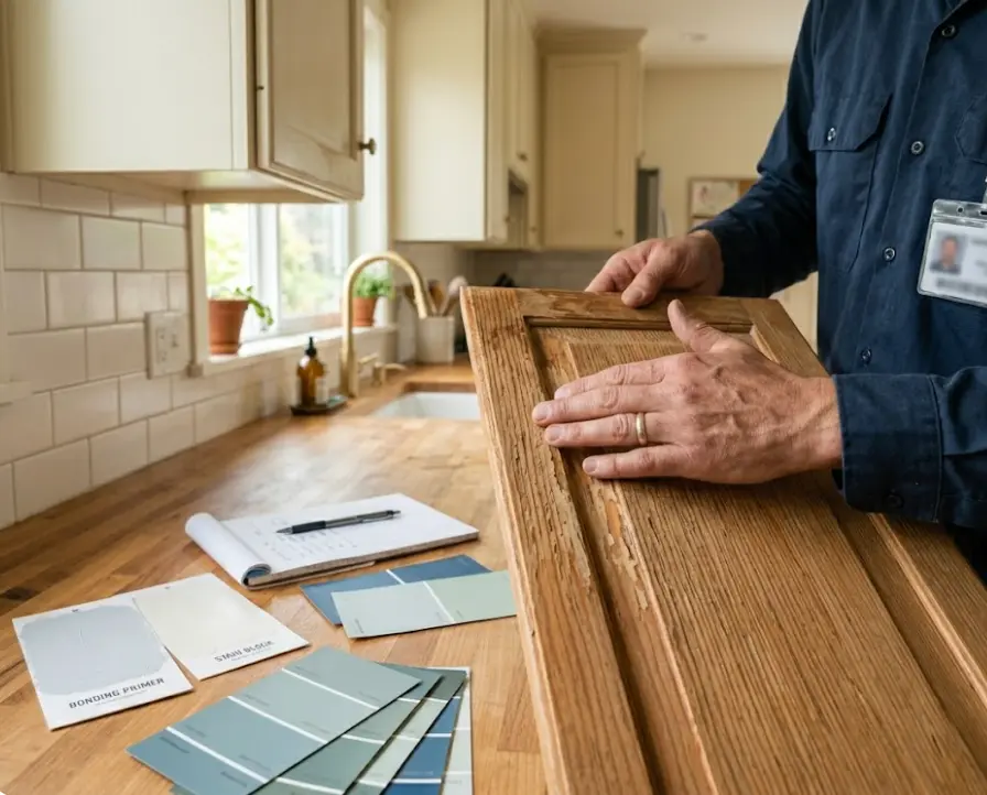 Professional cabinet substrate assessment showing wood species identification and condition evaluation in Seattle