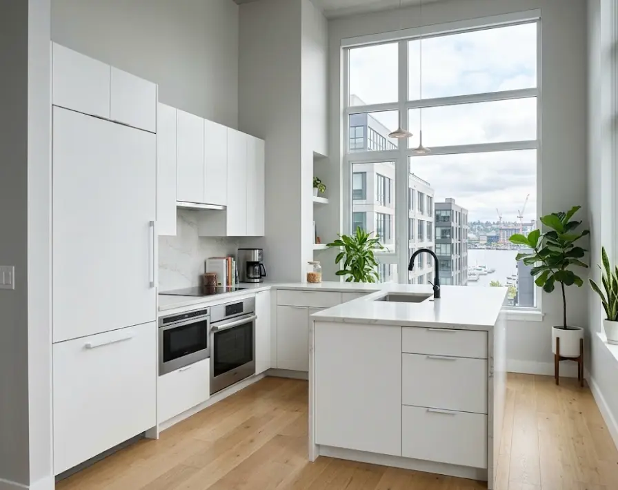 Modern condo kitchen cabinet transformation in Seattle showing professional two-component varnish finish
