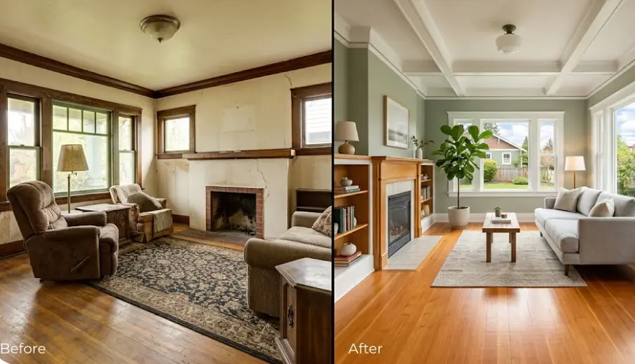 Seattle Craftsman bungalow room painting transformation in Ballard showing warm sage green walls with original fir trim