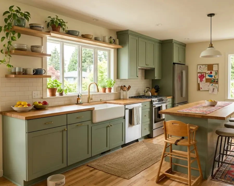 Green Lake Seattle family kitchen cabinet transformation in sage green with durable family-proof finish