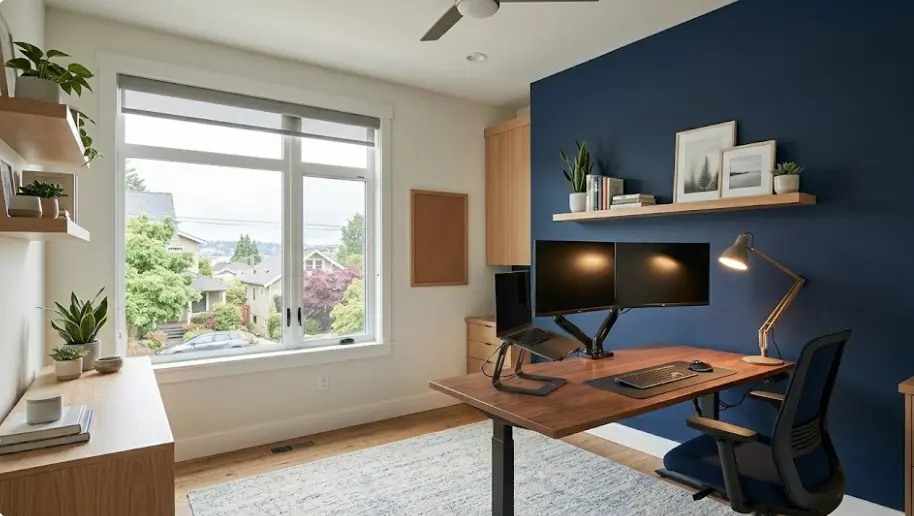 Seattle Fremont home office with bold navy accent wall and warm neutral main walls for remote work