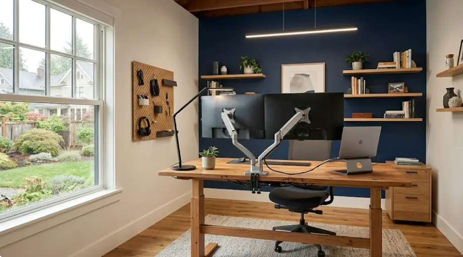Seattle home office painted in video-call-optimized warm neutral tones for remote tech worker