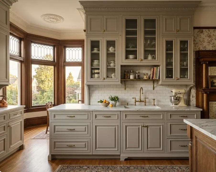 Kitchen cabinet transformation in Queen Anne Seattle Victorian home showing moisture-resistant professional finish
