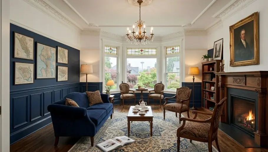 Queen Anne Victorian living room painting in Seattle with Chantilly Lace walls and original trim picked out in warm white