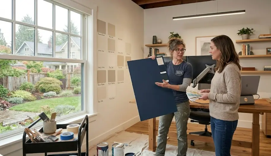 Professional color consultation in Seattle home showing large paint samples tested on actual walls under real lighting