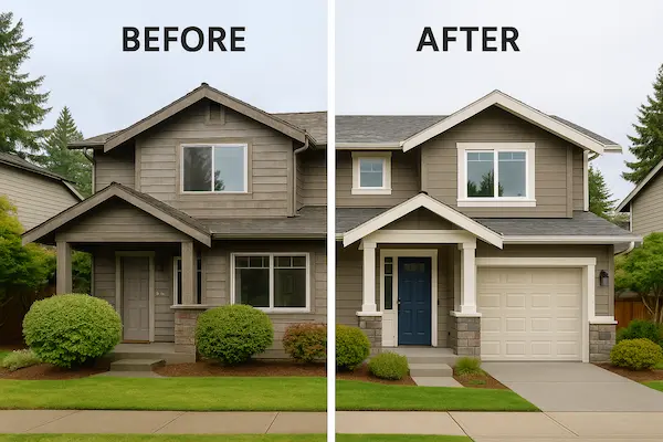 Split image showing dramatic before and after of Shoreline home painting project