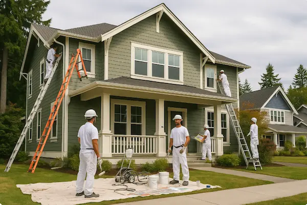 Professional painting team working efficiently on Shoreline home with proper equipment