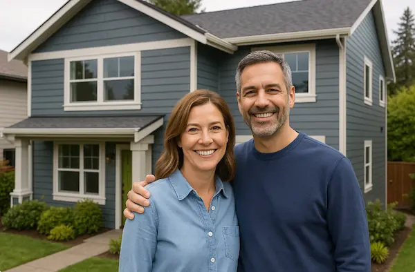 Happy Shoreline homeowners standing in front of their freshly painted home
