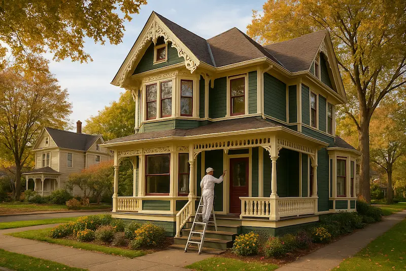 Beautiful historic Victorian home painting in downtown Snohomish with period-appropriate colors