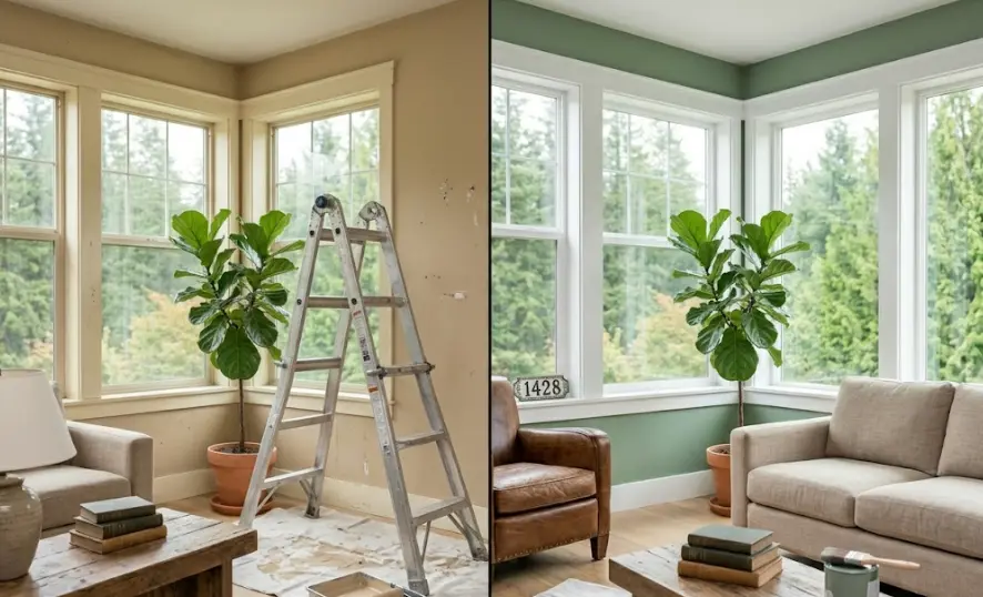 Before and after wall painting transformation in Snohomish home — left side outdated beige walls, right side fresh modern sage green