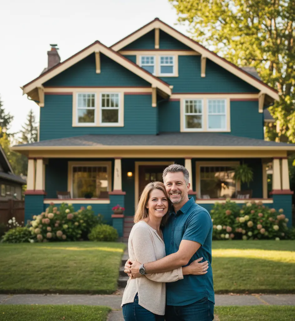 Satisfied Snohomish property owners in front of professionally painted property