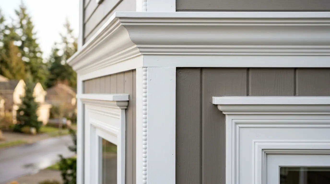 Multi-profile Victorian trim painting on historic home in Snohomish WA — brush-applied SW Emerald Exterior