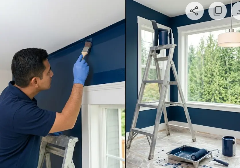Professional painter cutting in wall edges with brush in Snohomish home — clean line at ceiling trim