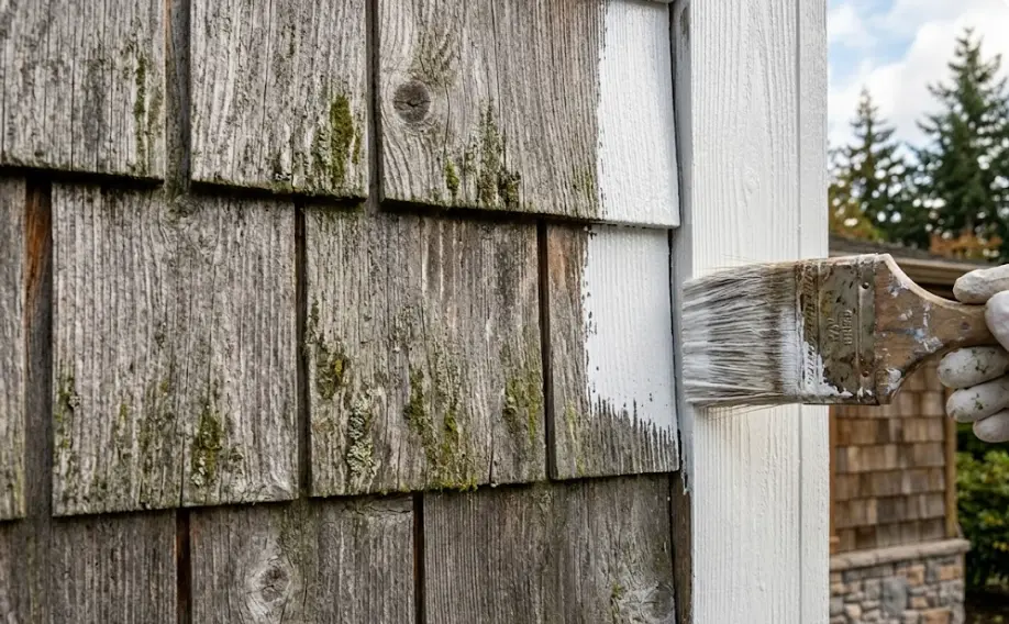 Cedar siding preparation for painting in Woodinville — oil-alkyd primer applied next to weathered section