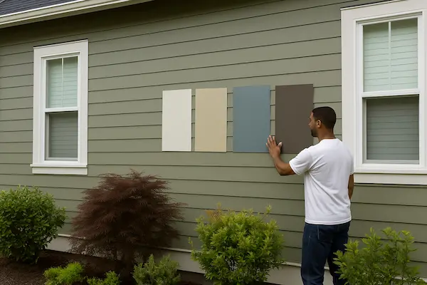Professional color consultation for Woodinville wine country home showing multiple paint samples tested in vineyard setting